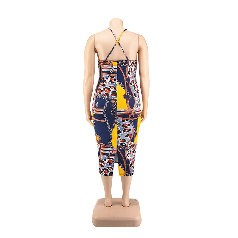 Plus Size Women Summer Print Backless Strap Dress 12
