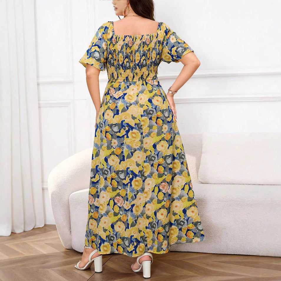 Plus Size Floral Square Neck Puff Sleeve Summer Slim Waist Chic A-Line Maxi Dress