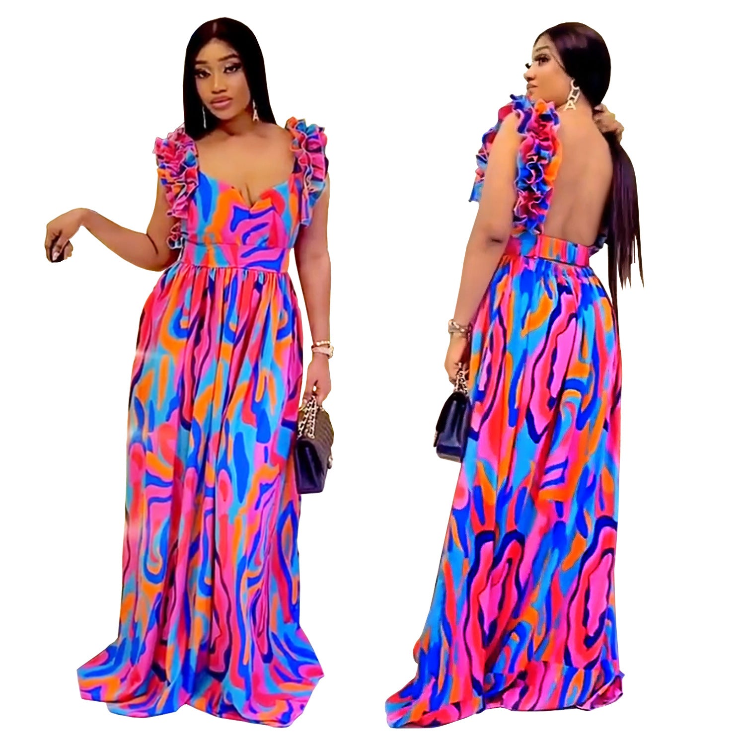 Women elegant ruffled shoulder strap printed dress 5