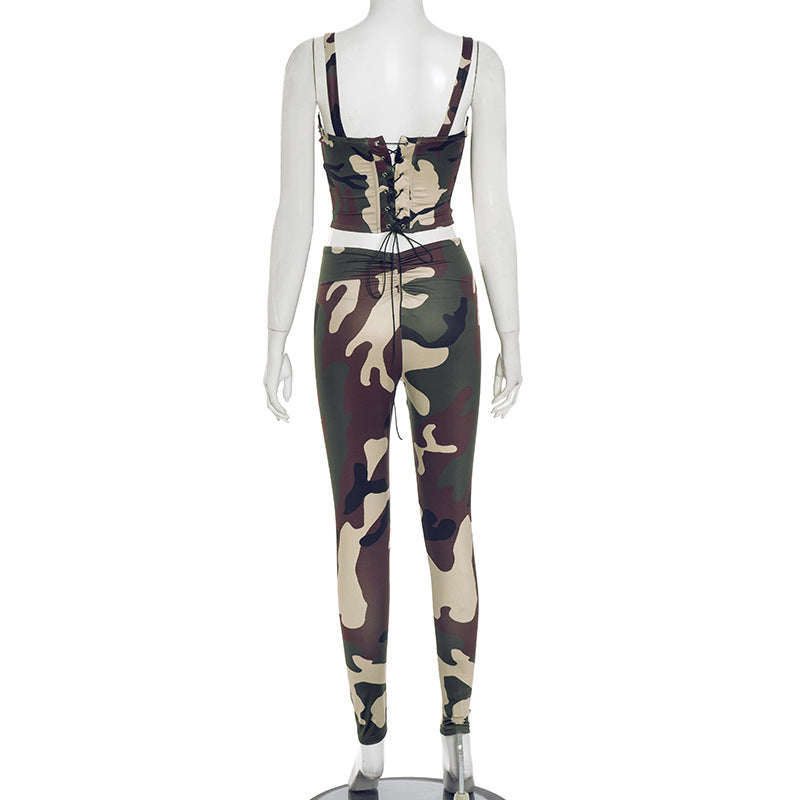 Women Spring/Summer Strapless Lace-Up Camouflage Gathered Top and Pants Two-Piece Set 8