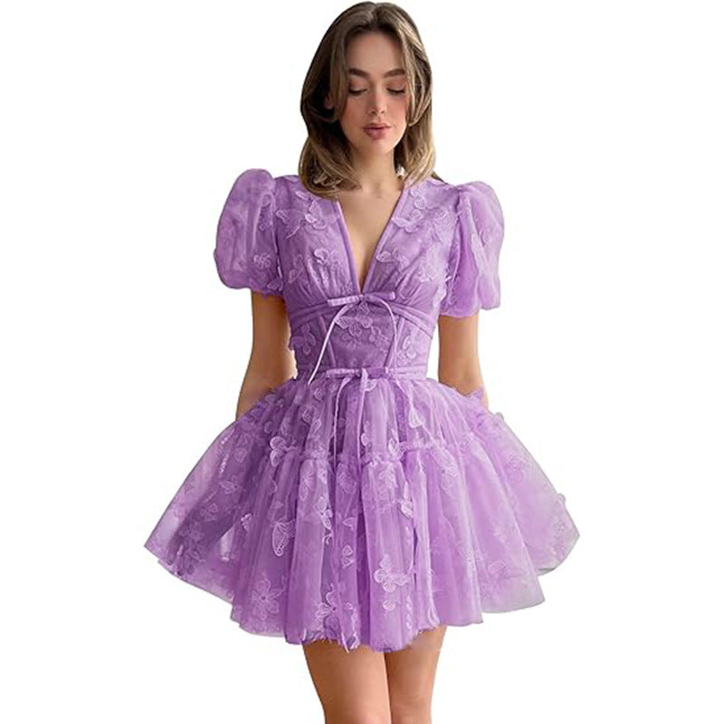 Women bridesmaid dress with flower V-neck short-sleeved dress 5