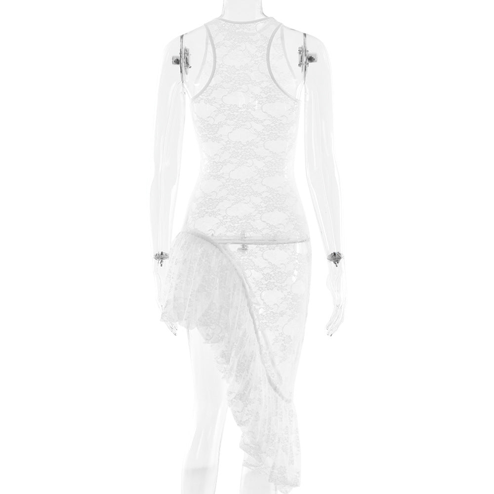 Women Summer Lace Irregular See-Through Sexy Slit Dress 11