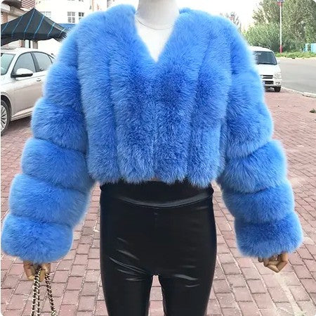 Women Winter Warm Patchwork Crop Long Sleeve Faux Fur Jacket 15