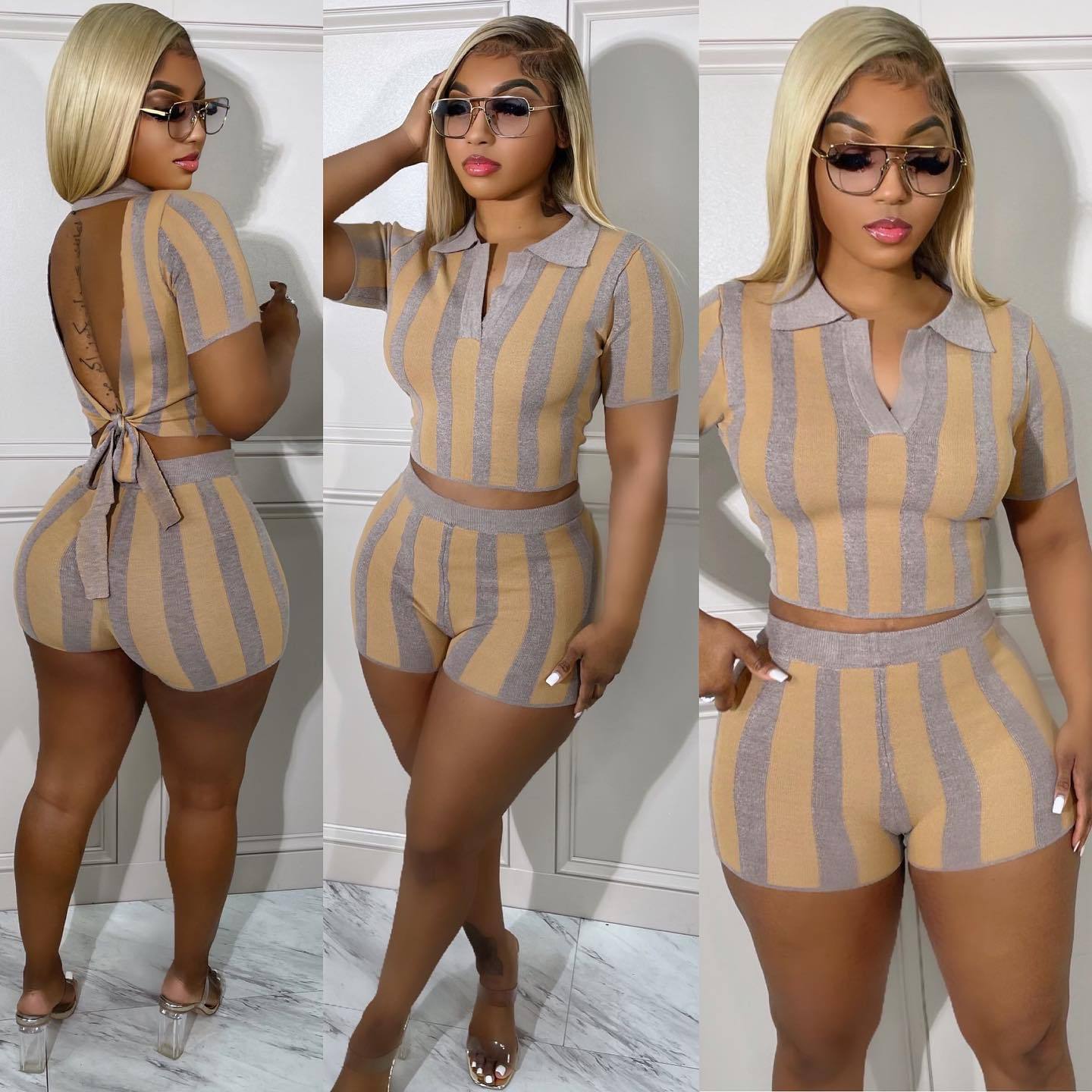Women's Trendy Digital Ribbed Print Sexy Low Back Short Sleeve Two-Piece Set