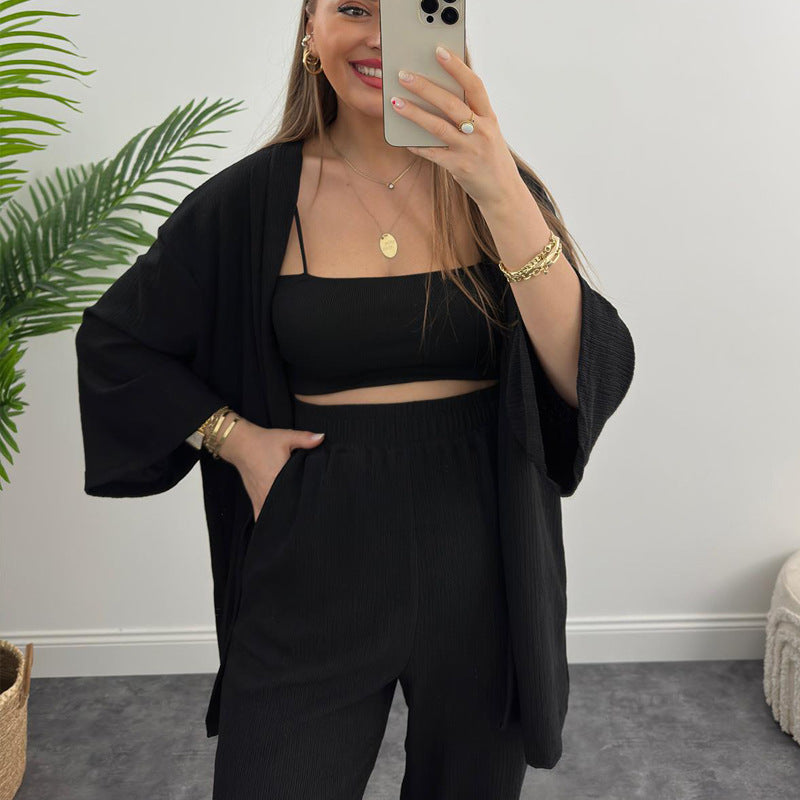 Women Solid long-sleeved shirt and pleated elastic waist trousers two-piece set 15