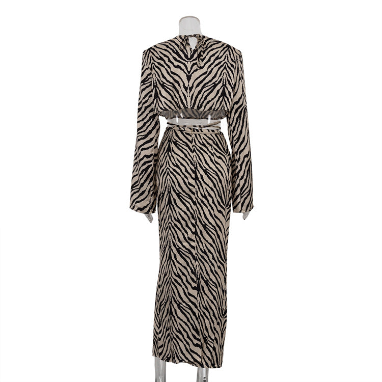 Long-Sleeved Zebra Stripes Crop Top High-Waist Fishtail Skirt Two-Piece Set Women's Clothing 8