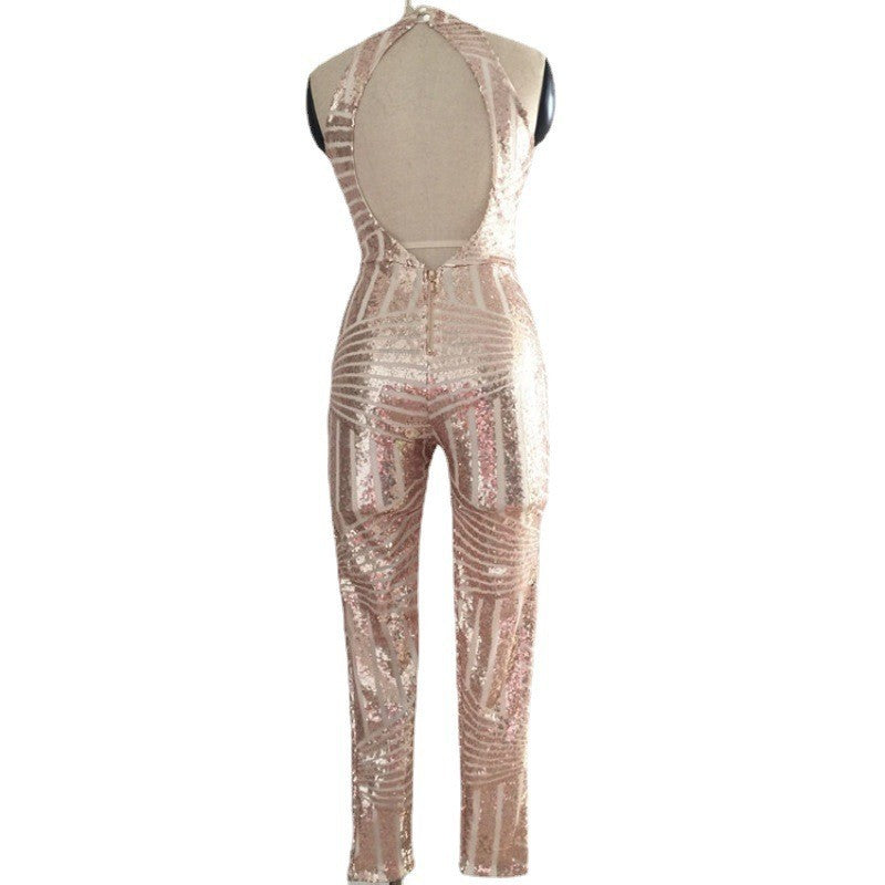 Women's Round Neck Low Back Halter Neck Sleeveless Bodycon Sequin Jumpsuit 13
