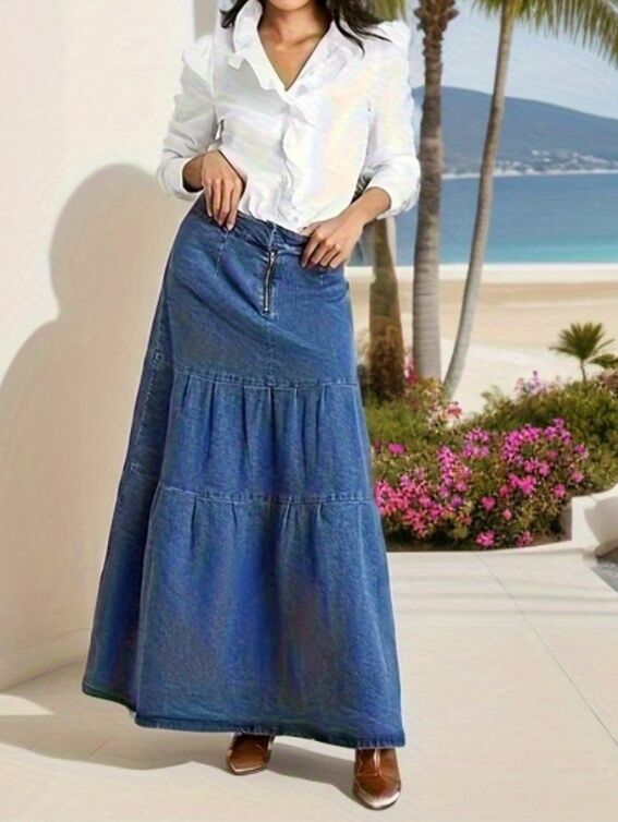 Women Spring and Summer Vintage Pastoral Casual Cake Denim Maxi Dress 7