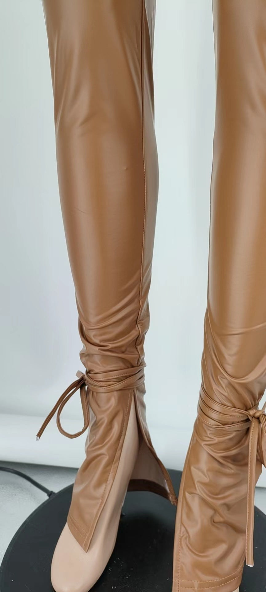 Women Fall Stretch Lace-Up Bell Bottom Side Slit Pu Leather Pants 11