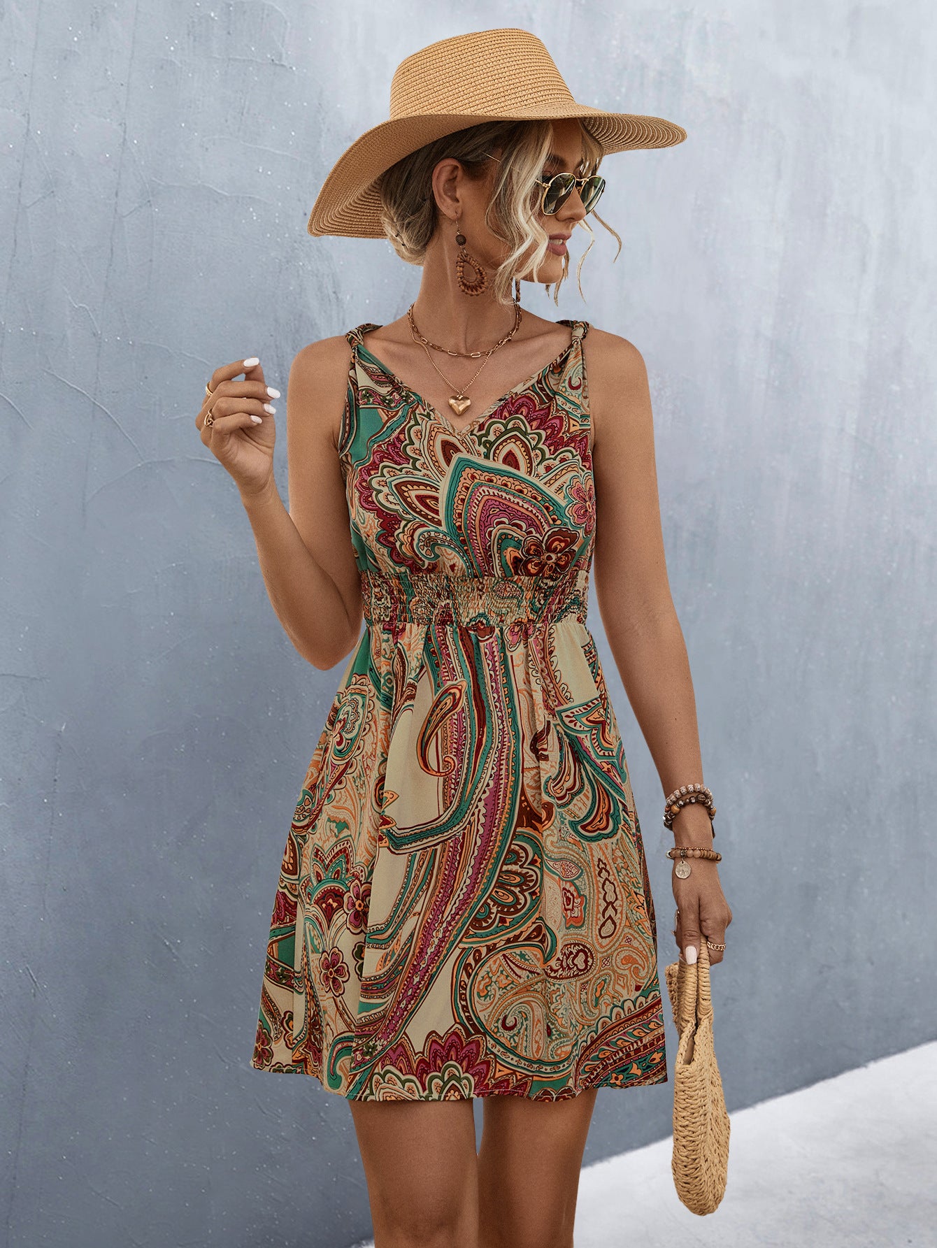 Spring Women's Printed V-Neck Sleeveless Casual Dress 3