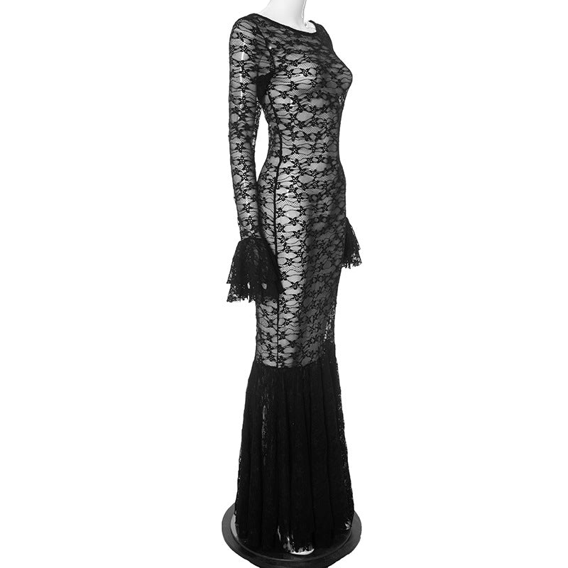 Women Summer Sexy See-Through Lace Round Neck Lace Mermaid Dress 8