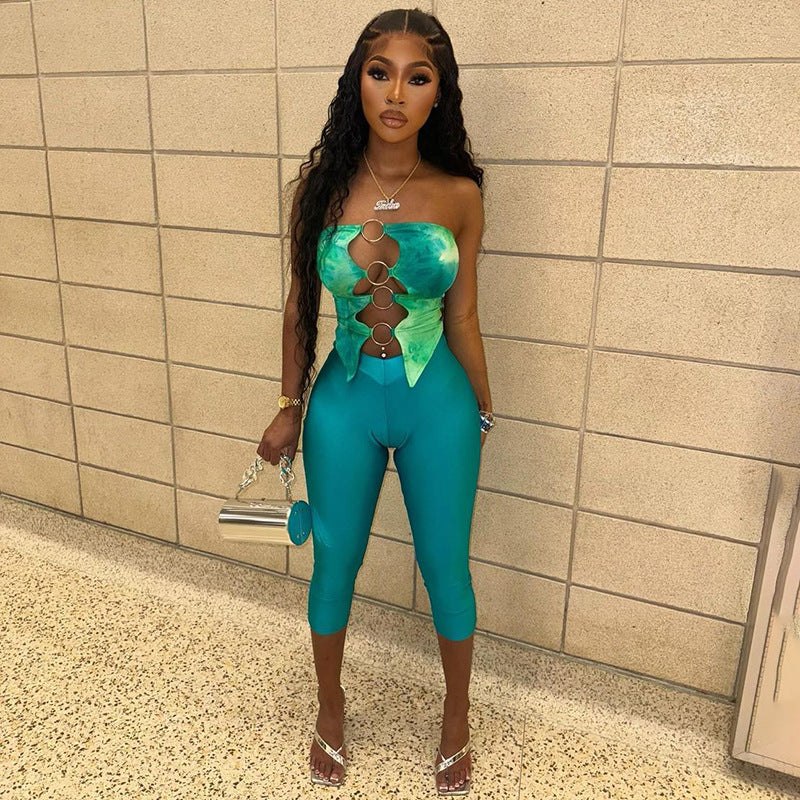 Women's Spring Summer Printed Ring Patchwork Strapless Top & Three-Quarter Pants Set 4