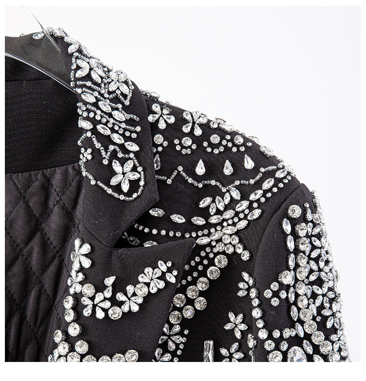 Women Spring Autumn One Button Long Sleeve Turndown Collar Beaded Black Fur Slim Fit Jacket 5