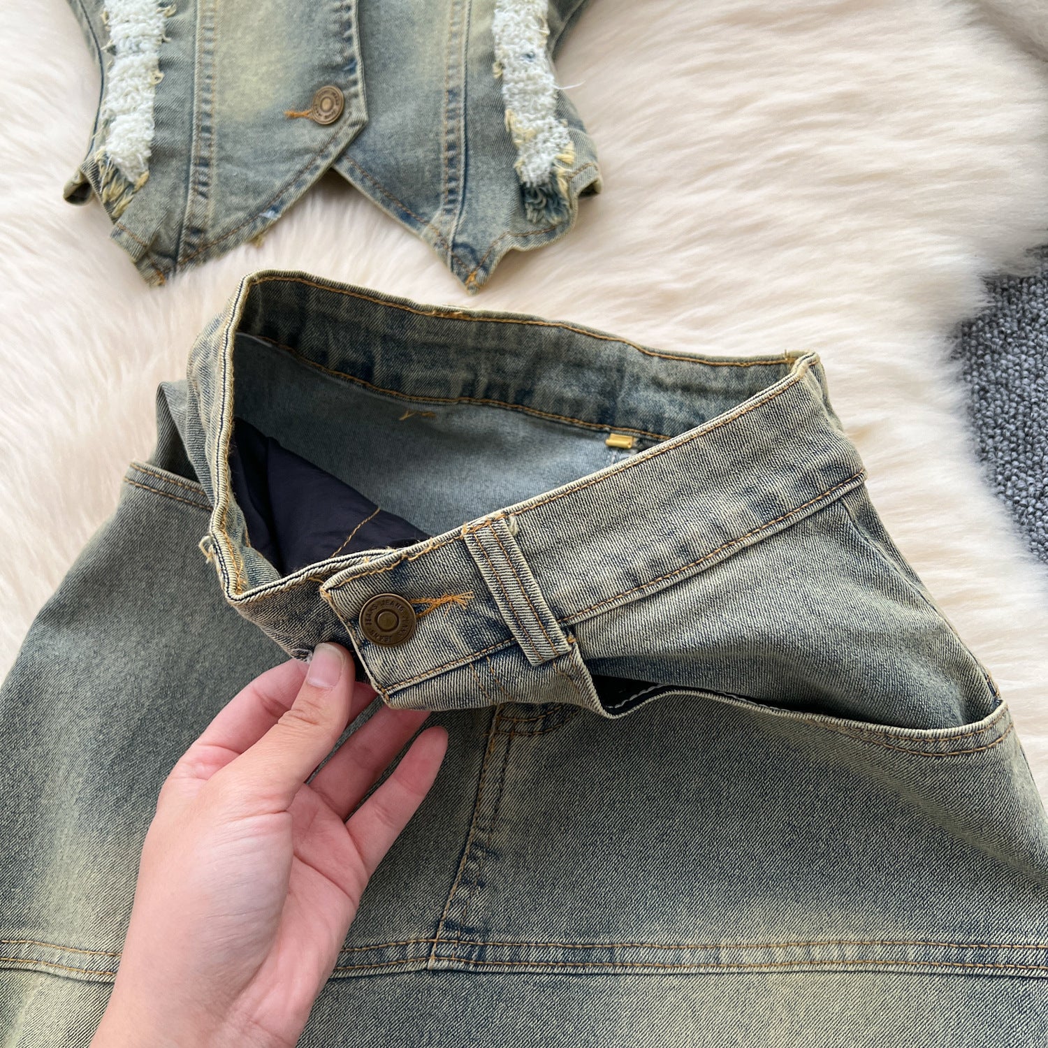 Turn Down Collar Distressed Denim Halter Top Slit Skirt Set 9