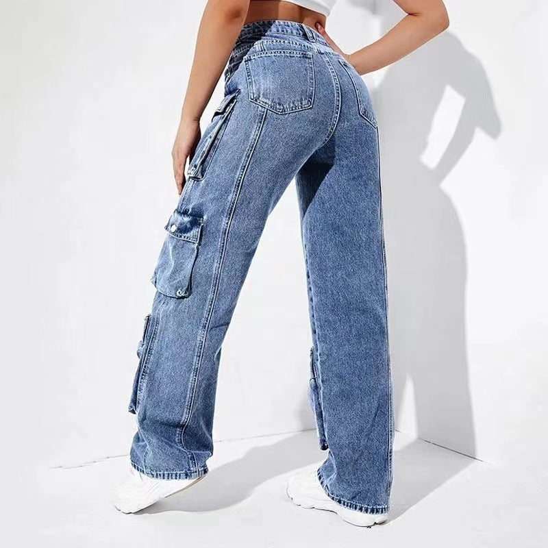 Women's High Waist Pocket Loose Cargo Denim Pants 3