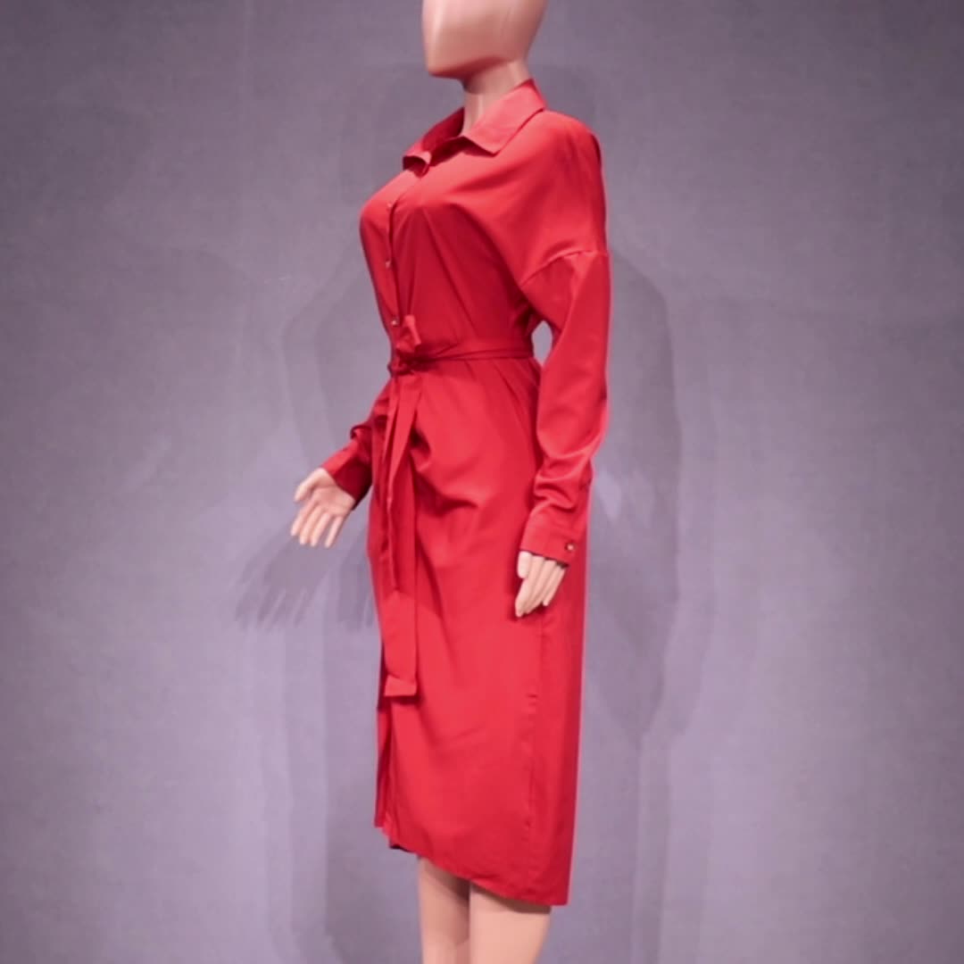 Women Fall Solid Sexy  Long Sleeve Shirt Dress 9
