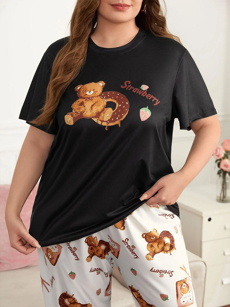 Plus Size Women Cute Bear Printed T-shirts and Pants Pajamas Two Piece 7
