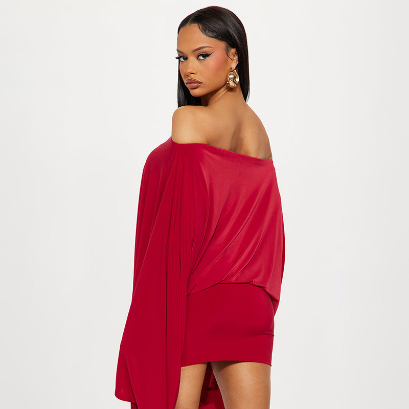 Women Off-Shoulder Bell Bottom Long-Sleeved Top and Skirt Two-Piece Set 14