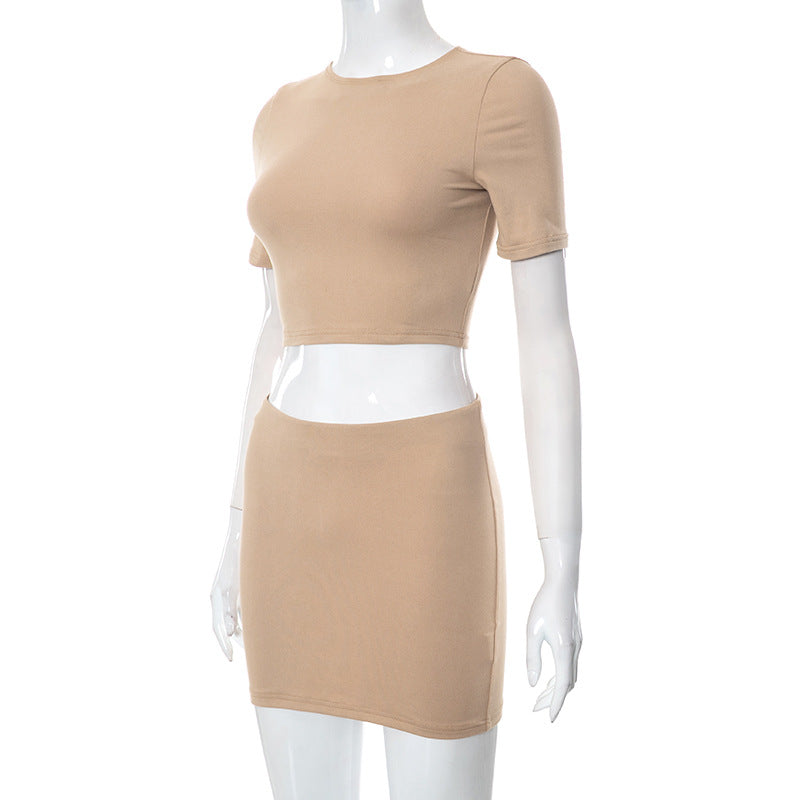 Women's Spring Solid Short Sleeve Crop Two Piece Skirt Set 50