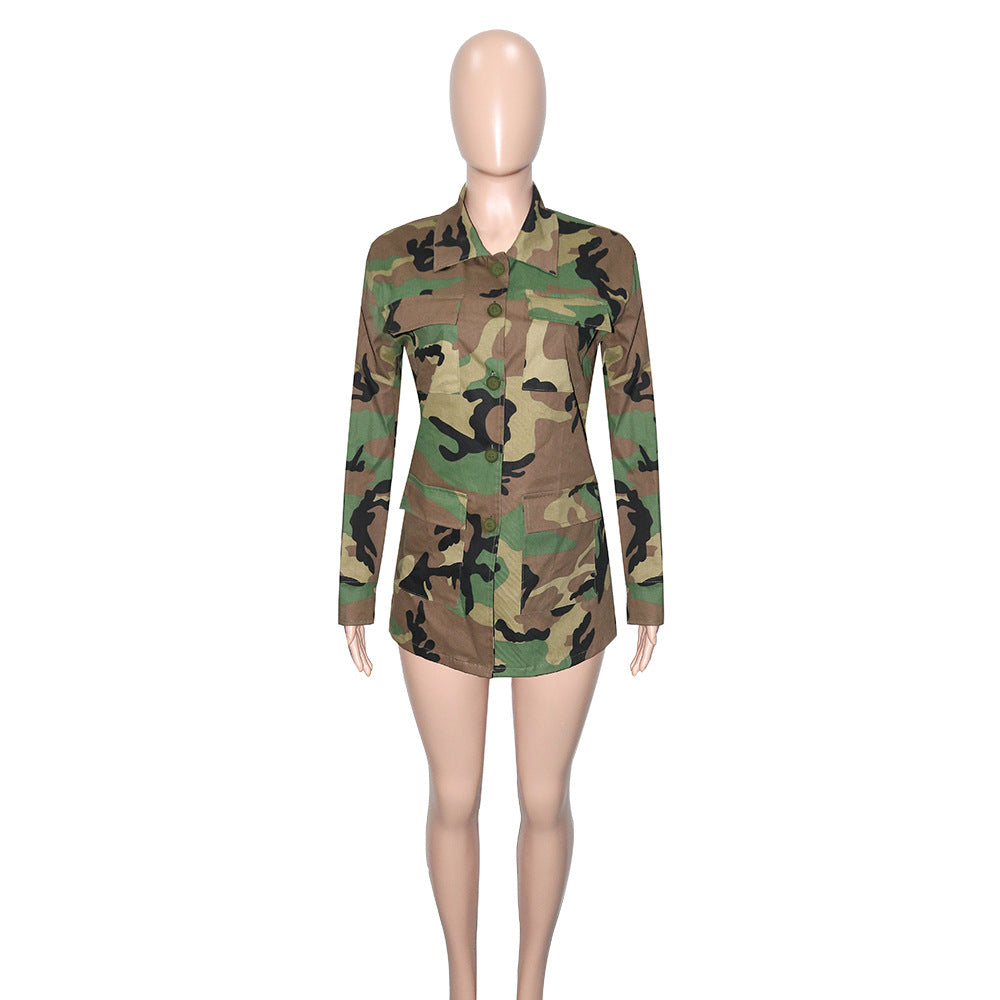 Women Casual Camouflage Print Oversized Turndown Collar Jacket 11