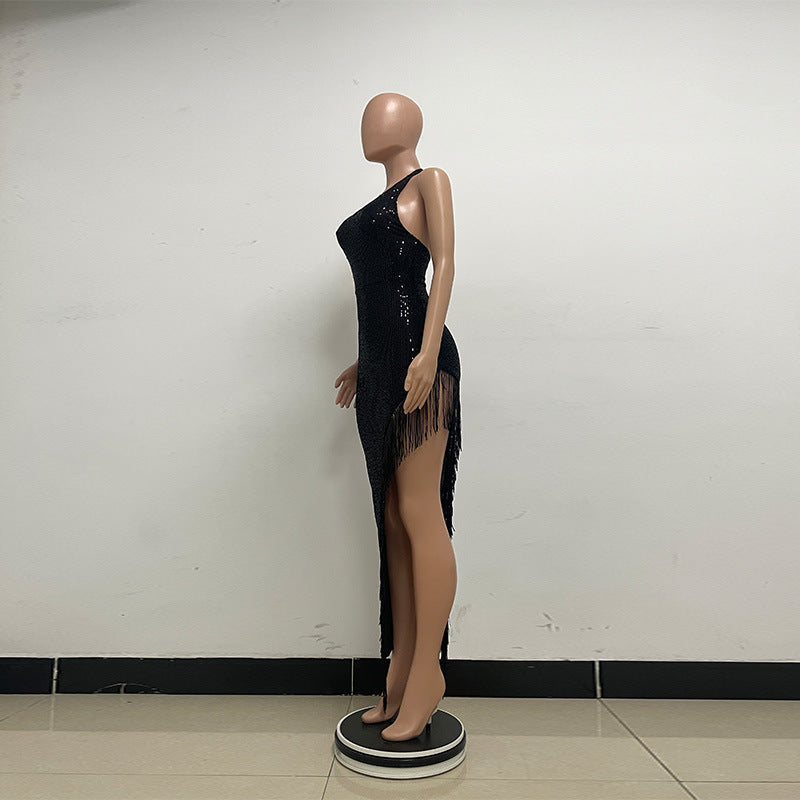 Women Backless Party sleeveless Halter Neck tassel sequin slit dress 13