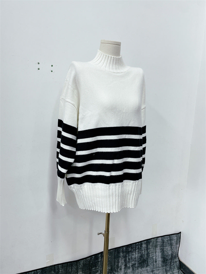Women autumn and winter black and white striped high collar knitting sweater 9