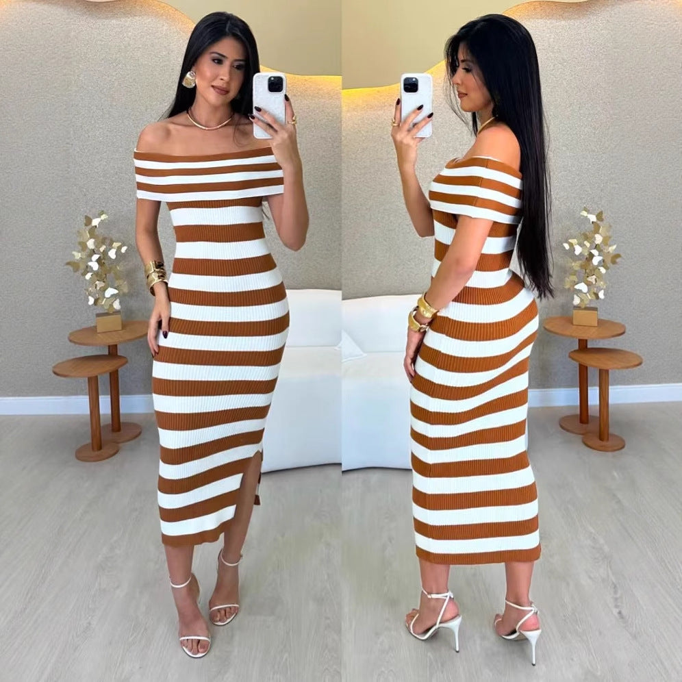 Contrast stripes women summer sexy off-shoulder knitting long dress