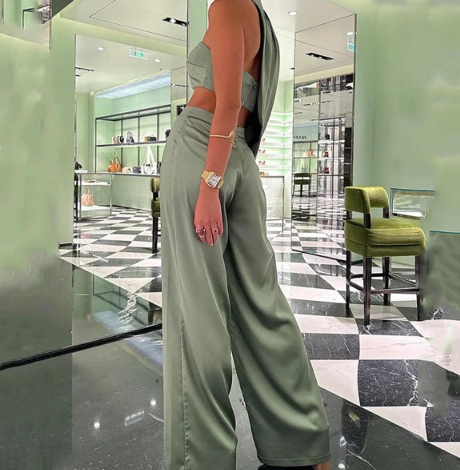 Women Elegant Halter Neck Slash Shoulder Strapless Sexy Crop Top and Wide Leg Pants Two-piece Set 7