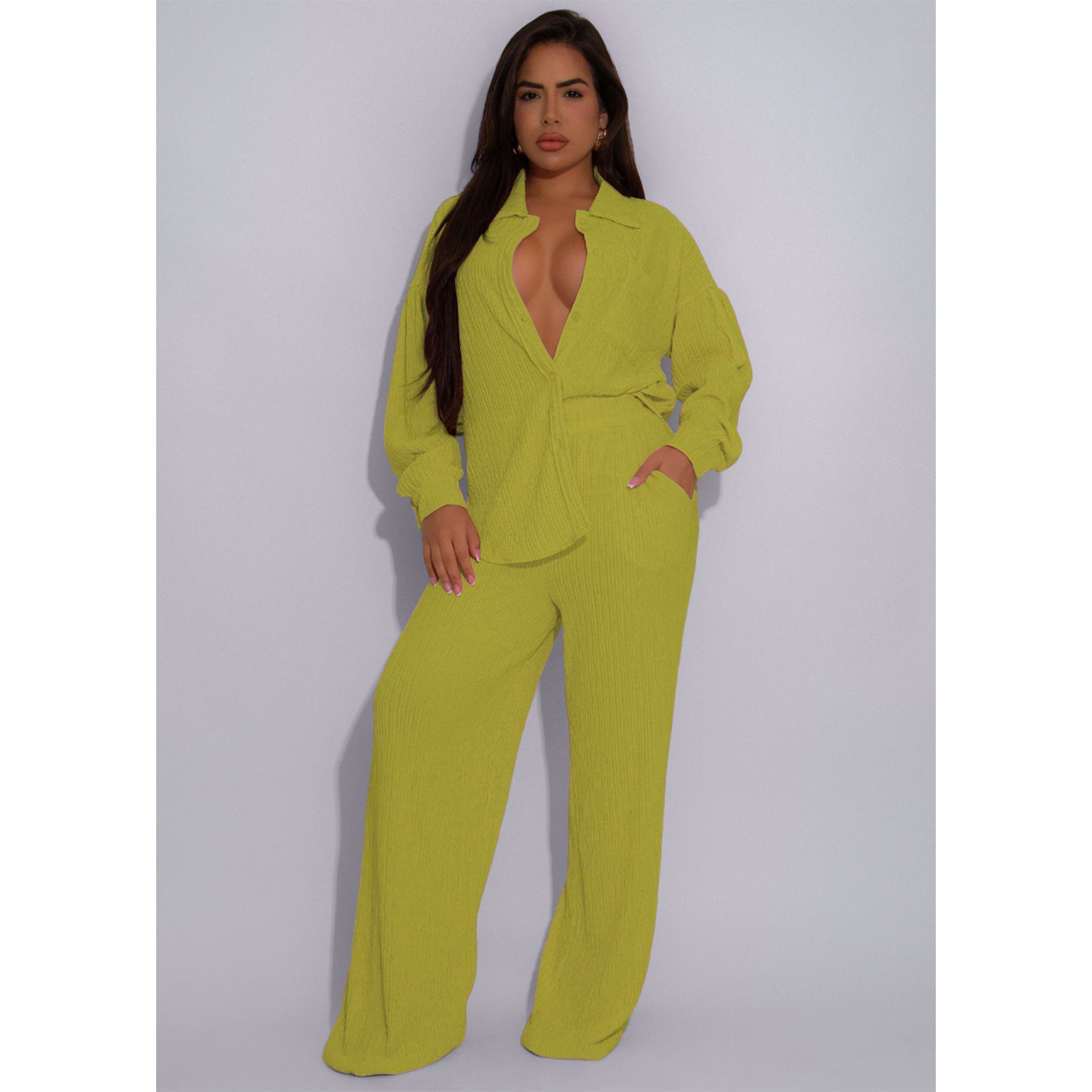 Women Crumpled Lace-Up Top and Pocket Wide Leg Pants Two Piece Set 4