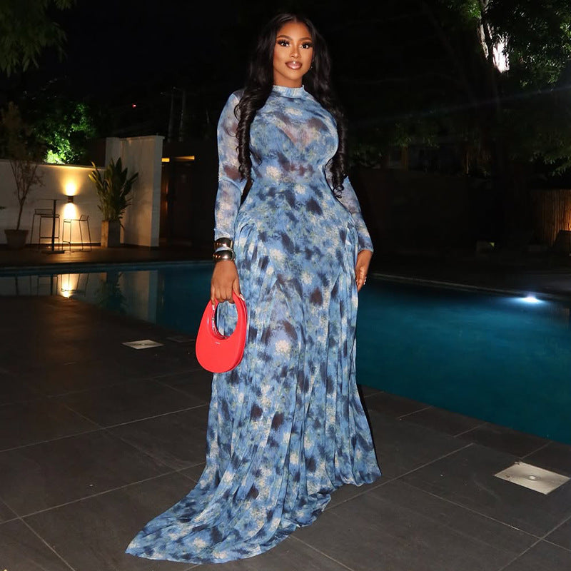 Women printed turtleneck maxi dress