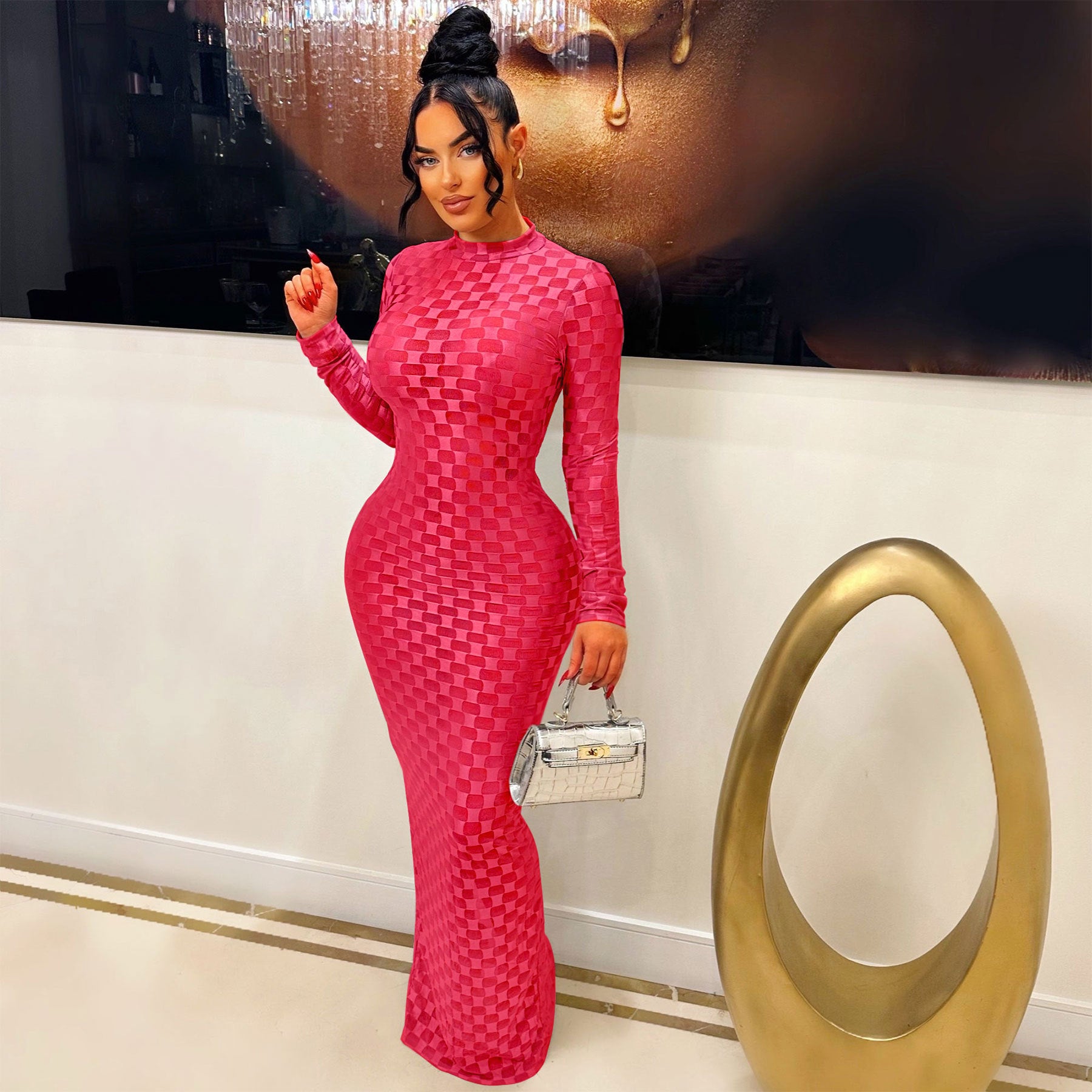 Women's Fashion Mesh Round Neck Slim Fit Long Dress 19