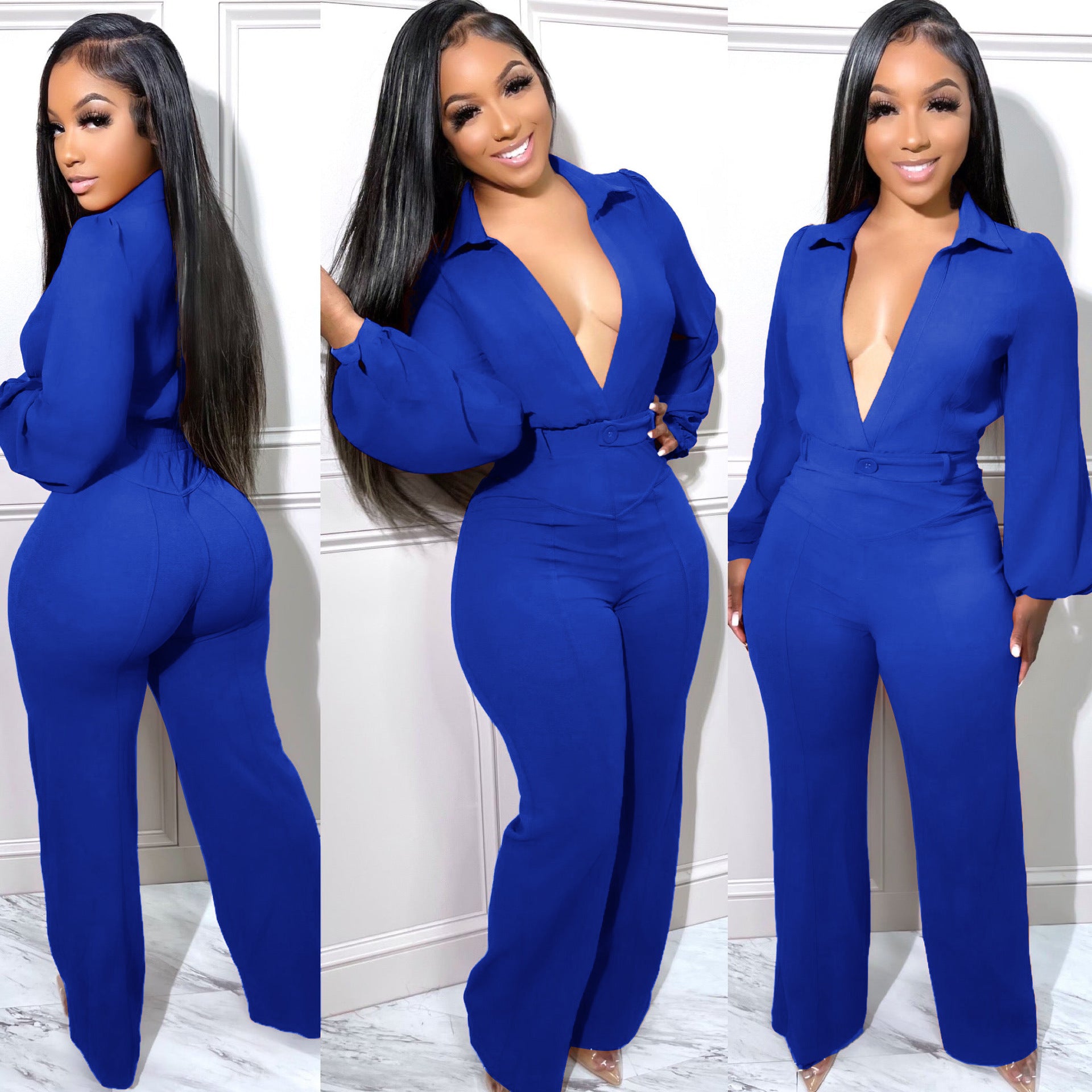 Women's Jumpsuit Sexy V-Neck Long Sleeve Tight Fitting Shirt Pants Fall Winter 9