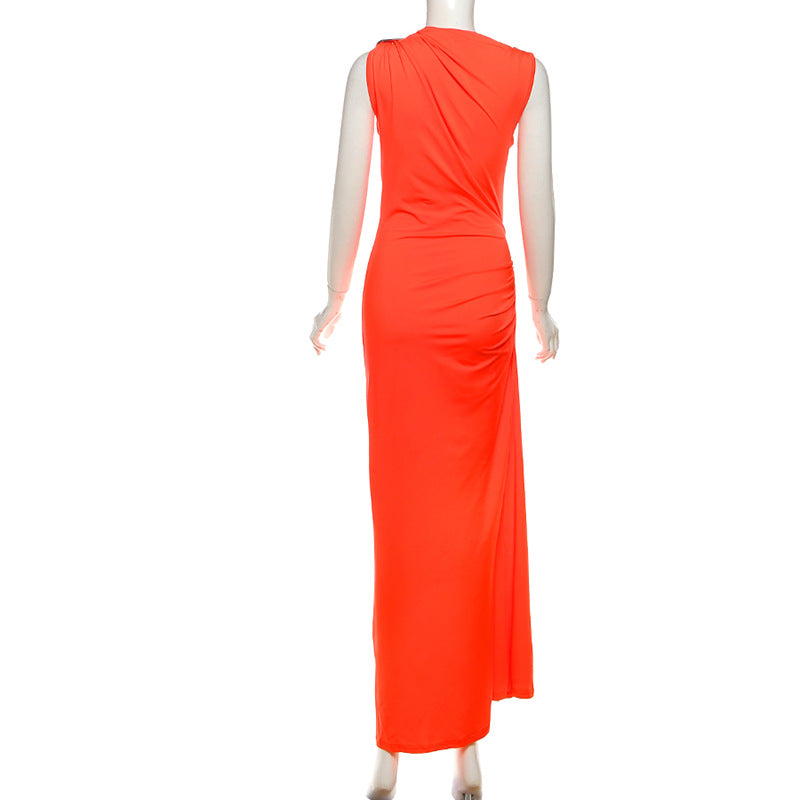 Women Fall Solid Metallic Sleeveless Sexy Slit Dress 26