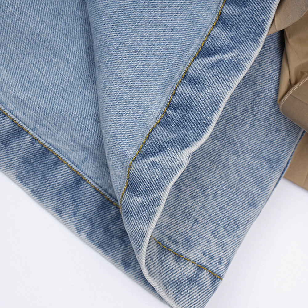 Women's Autumn Ruffle Contrast Color Patchwork Belt Turndown Collar Denim Jacket 19