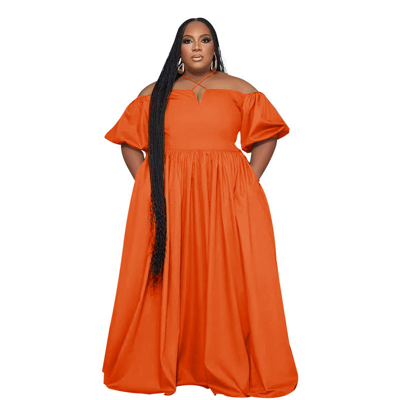 Solid Color Sexy Strapless Halter Neck Plus Size Women's Fashion Loose Short Sleeve Dress 8