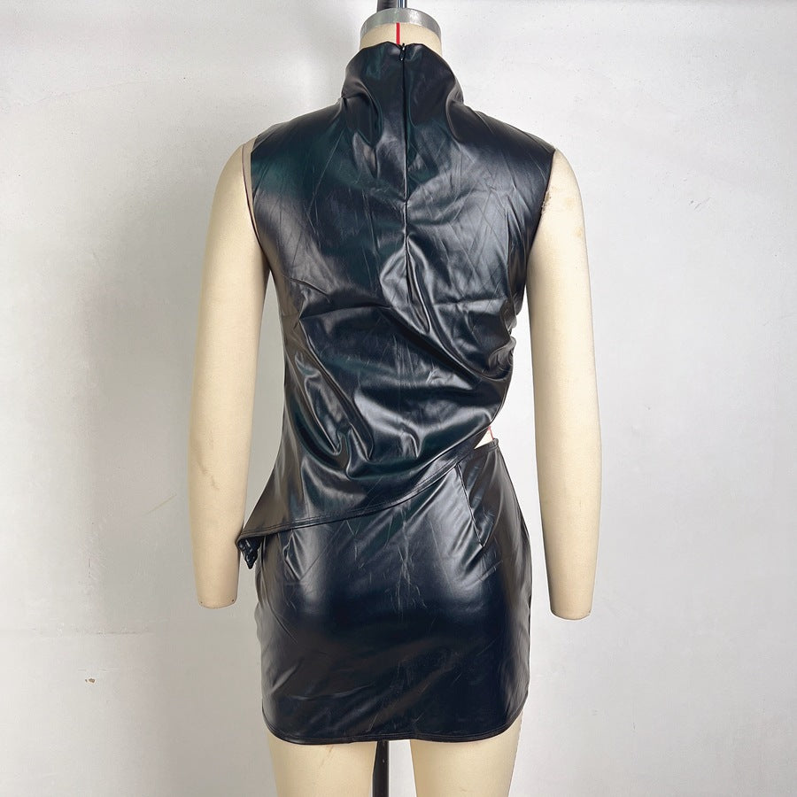 Women Summer Black Pu-Leather Stand Collar Sleeveless Pleated Irregular Top and Bodycon Skirt Two-Piece Set 9