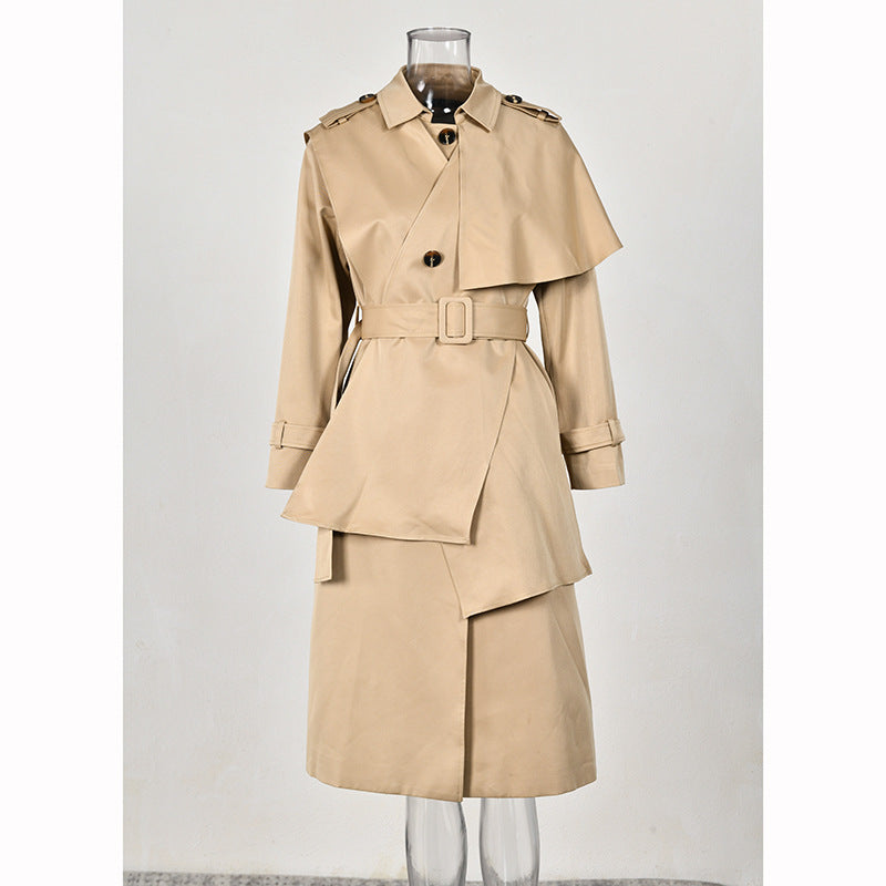 Trendy Asymmetric Shawl Windbreaker Jacket For Women Autumn Chic Gray Long Coat 10