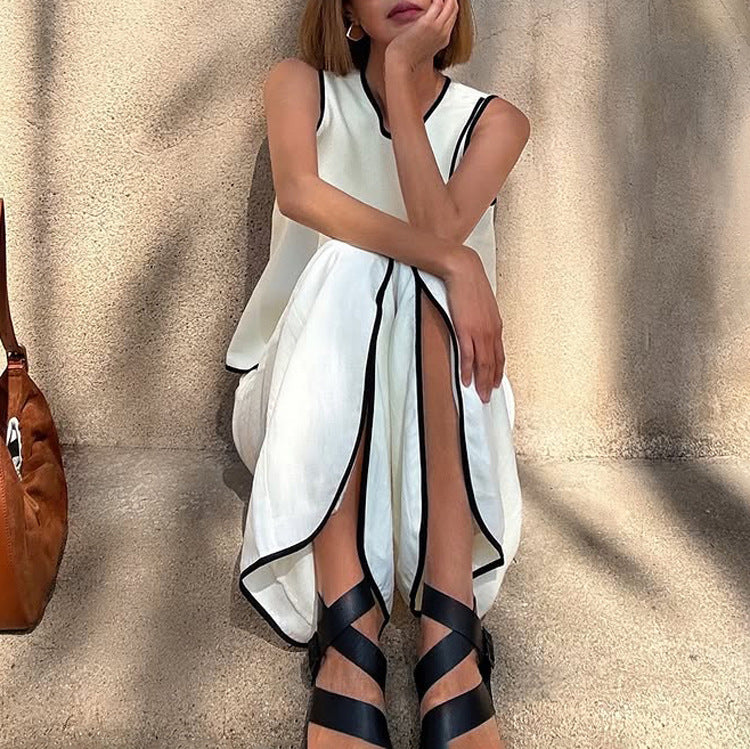 Women contrast color cross round neck sleeveless top Slit trousers two-piece set 4