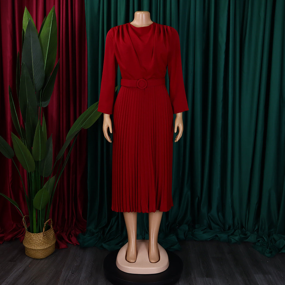 Plus Size African Women Chic Elegant Pleated Career Solid Dress 31