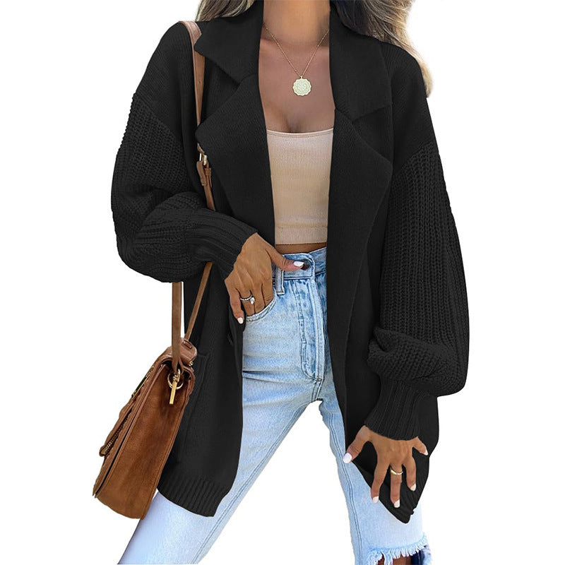 Solid Color Cardigan Turndown Collar Long-Sleeved Knitting Coat Autumn And Winter Fashion Sweater 10