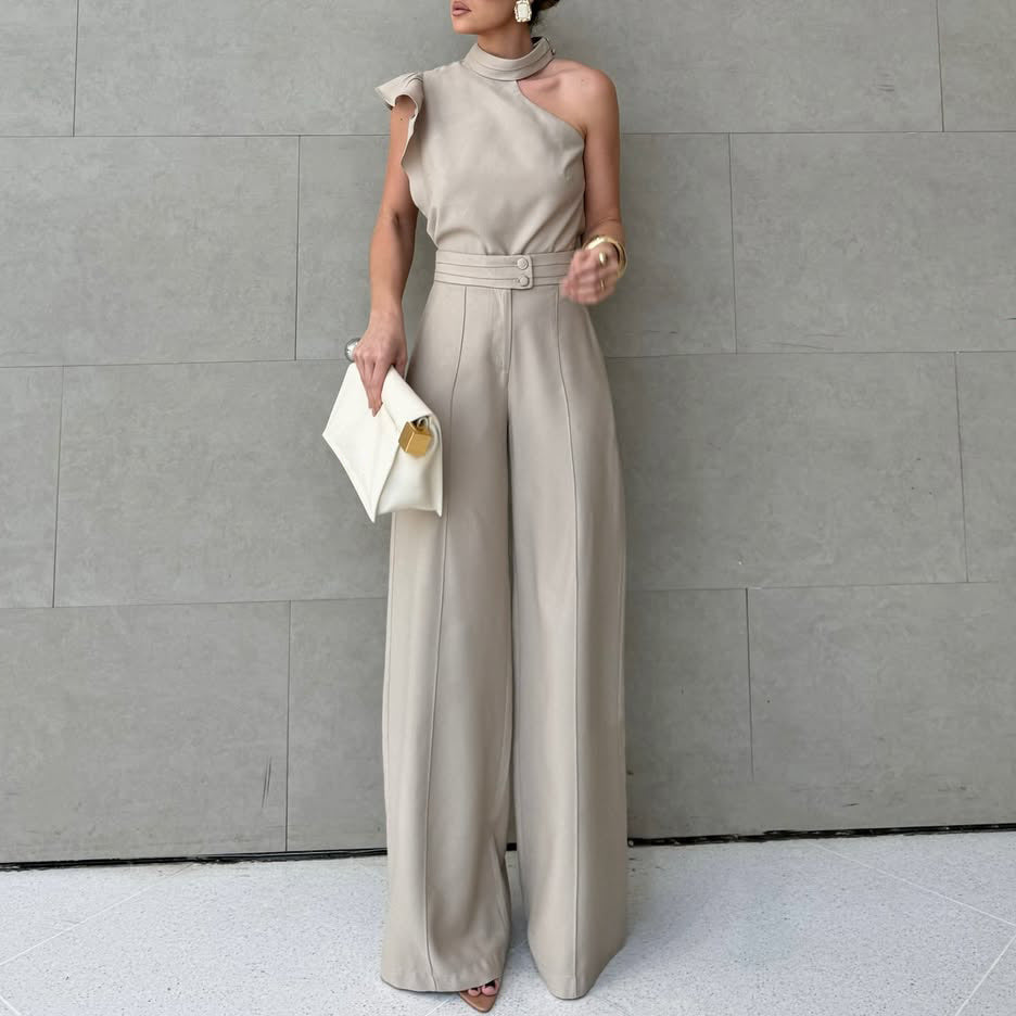 Halter Neck Top + Solid Straight-Leg Pants Two-Piece Set