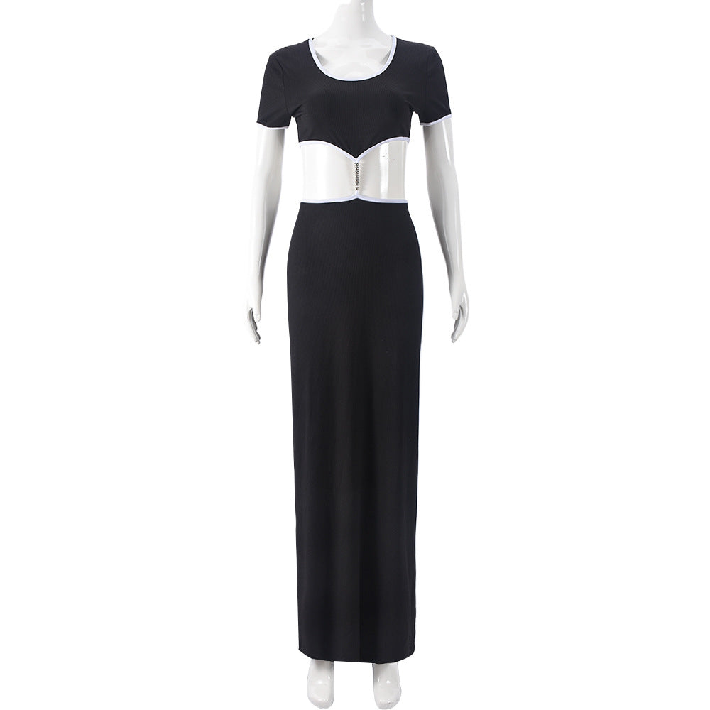 Women Summer Contrast Color Cut Out Round Neck Dress 6