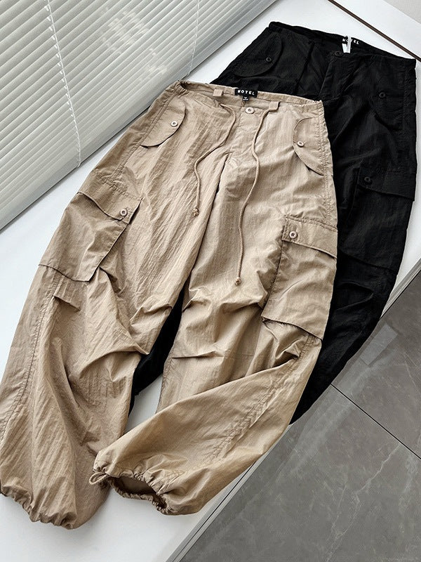 Large Pocket High Waist Casual Drawstring Slim Waist Cargo Pants For Women 7