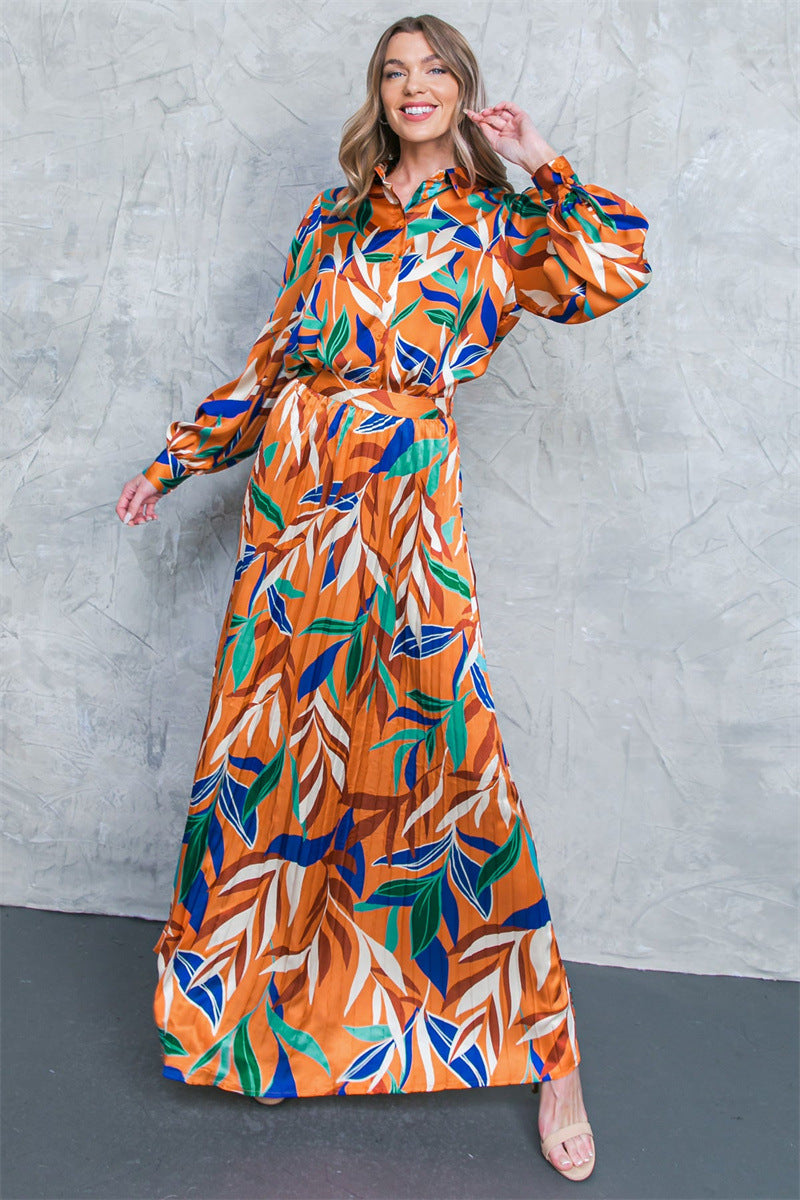 Fashionable Printed Long-Sleeved Top And Pleated Skirt Two-Piece Set