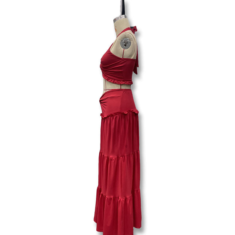 Women's Sexy Halter Neck Lace-up Top High Waist Pleated Skirt Two-piece Set 8