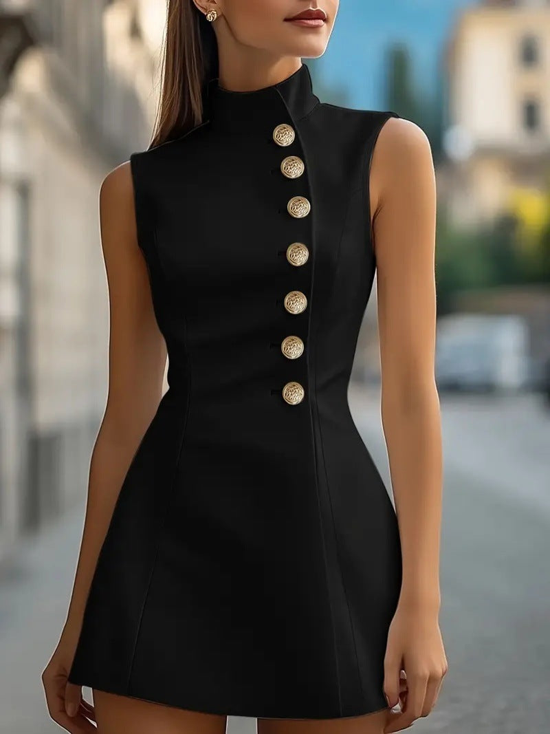 Autumn Women's Chic Slim Solid Color Stand Collar Sleeveless Blazer Dress