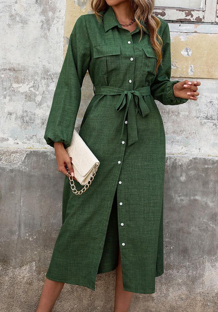 Women autumn Turndown Collar green long-sleeved Solid dress