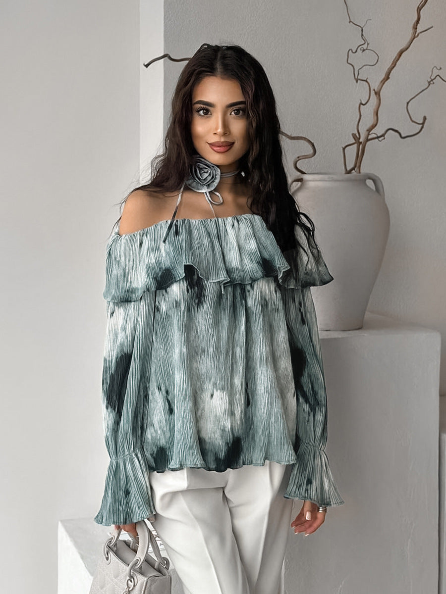 Women Floral Casual Print Off Shoulder Lace-up Bell Bottom Sleeve Top 3