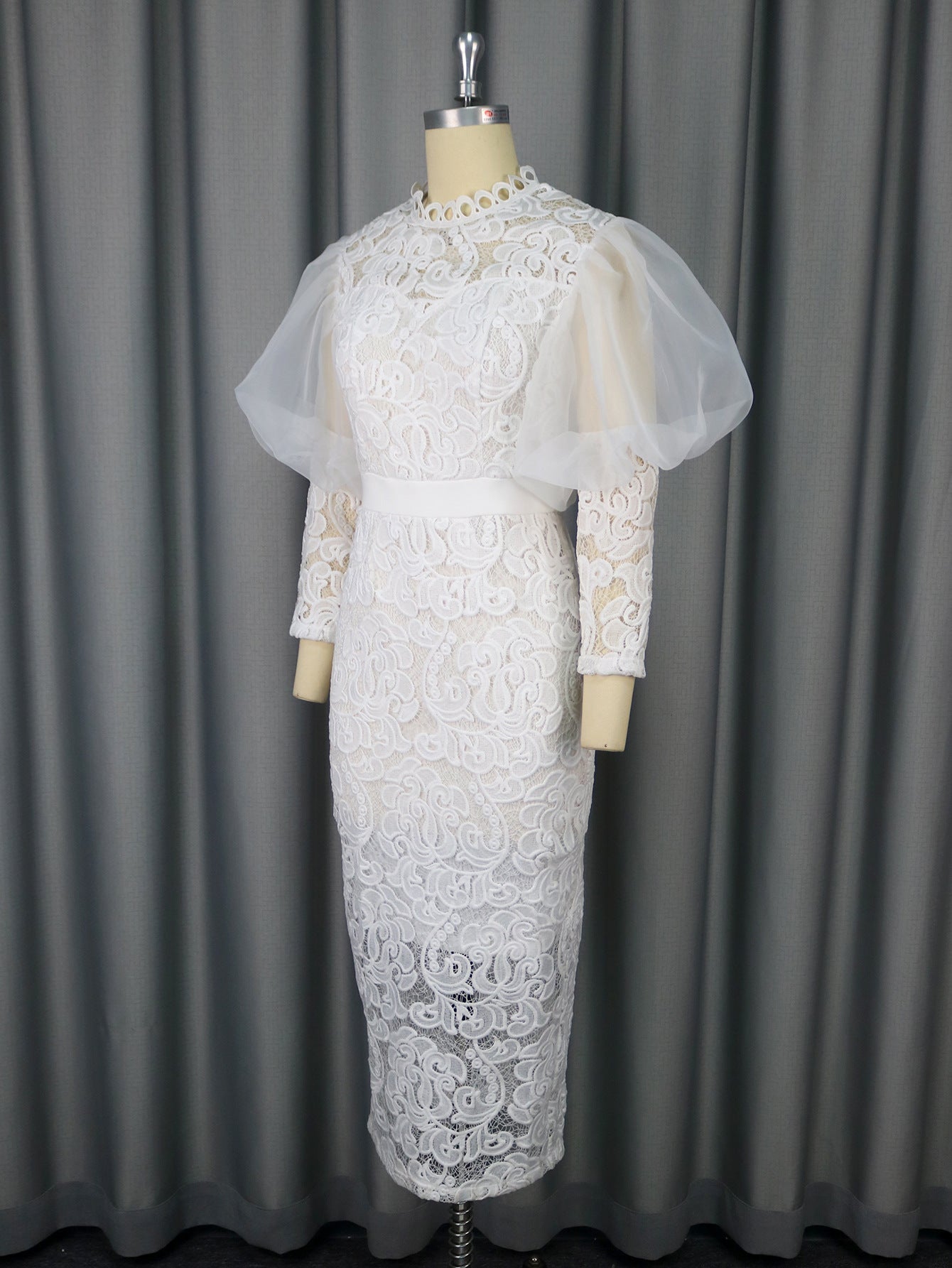 Lace Formal Party Puff-Sleeve Mid-Length Dress 10