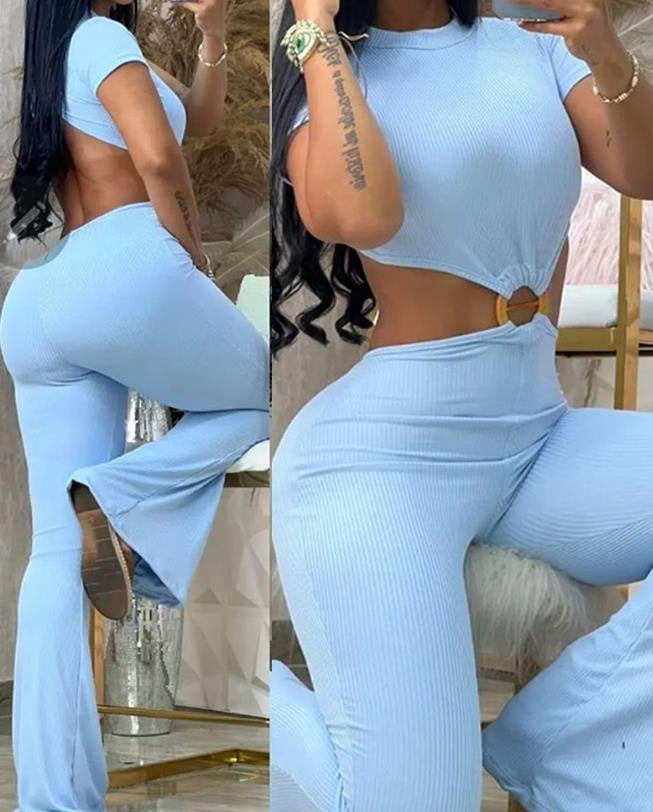 Spring Autumn Women's Sexy Round Neck Low Back Slim Butt Lift Solid Color Jumpsuit Sportswear 3